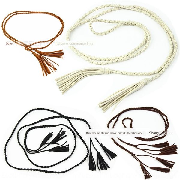 

woven weaving girl slim belt women's thin waist chain leather all-match decorative black waist rope skirt tassel thin belt, Black;brown