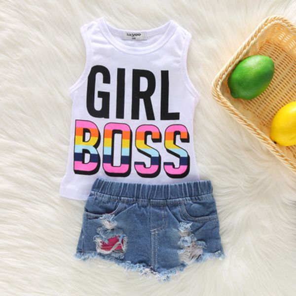 

2018 summer fashion girl boss sleeveless vest +ripped denim shorts jean 2pcs outfit kids girls clothing set, Blue