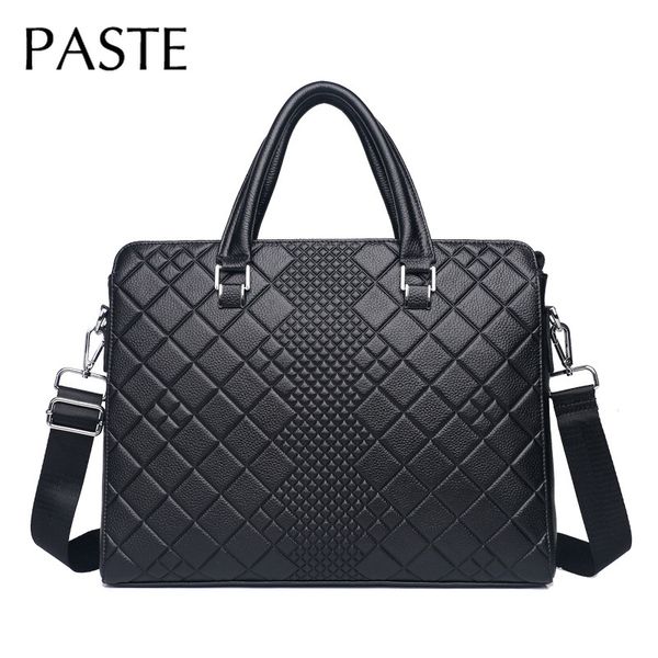 

2020 grid cowhide leather men's lapbriefcase business 14inch male shoulder messenger bag tote computer handbag