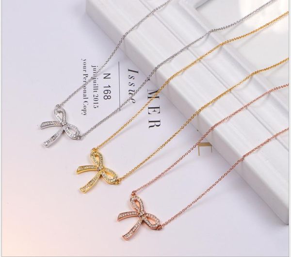 

korean version full diamond bow and diamond pendant necklace fringed necklace rose gold titanium steel short clavicle chain female, Black