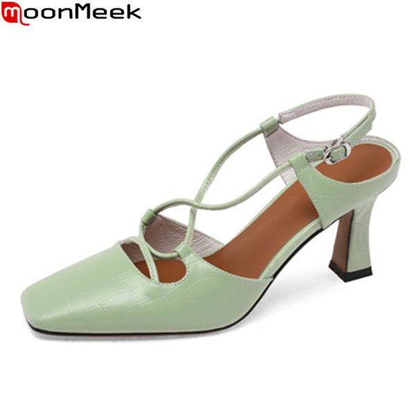 

moonmeek 2020 new fashion women pumps genuine leather high heels ladies shoes summer shallow square toe party shoes, Black