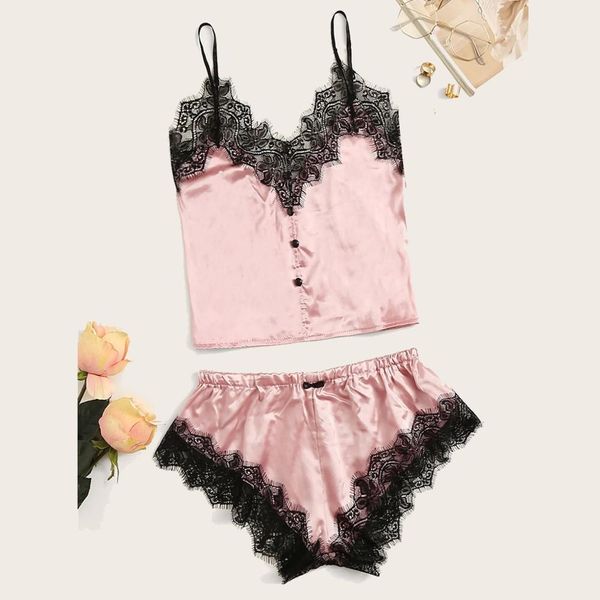 

women lace stain sleepwear set solid color nightgown comfort pajamas set para dormir mujer 2019 new fashion y, Black;red