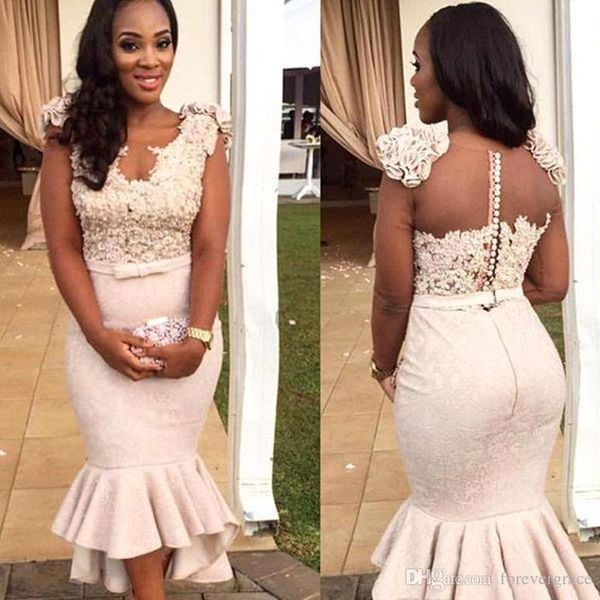 

2019 south afraican black girls sheer back bridesmaid dress mermaid tea length formal maid of honor gown plus size custom made, White;pink