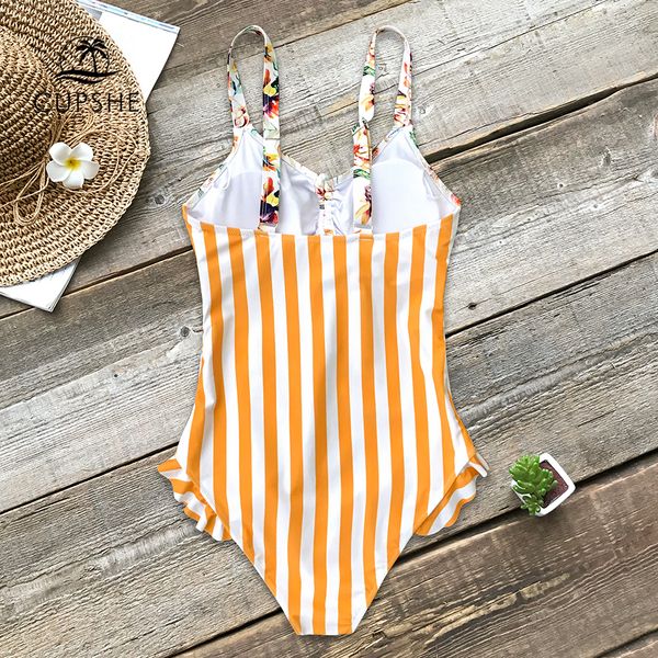 

cupshe orange floral and stripe ruffle one-piece swimsuit women ruched monokini swimwear 2020 girl boho beach bathing suits