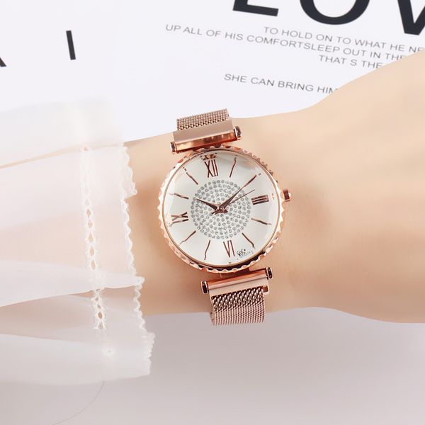 

luxury women watches mesh ladies clock magnet rhinestone diamond geometric surface casual dress quartz wristwatch, Slivery;brown
