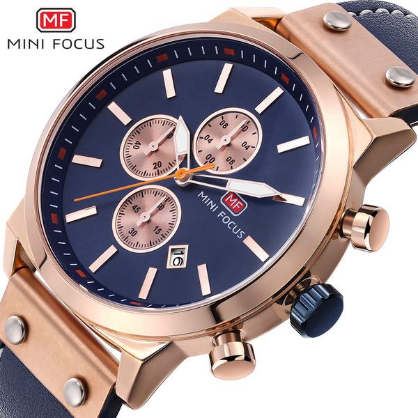 

mini focus 2019 sport men watch brand quartz wristwatch leather watches clock men chronograph relogio masculino, Slivery;brown