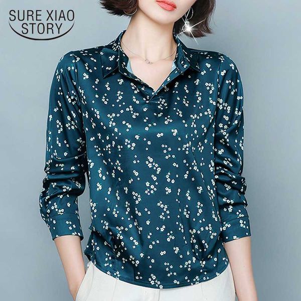 

2020 new fashion women long sleeve print blouse elegant turn down collar silk loose shirts office ladies plus size 8333 50, White