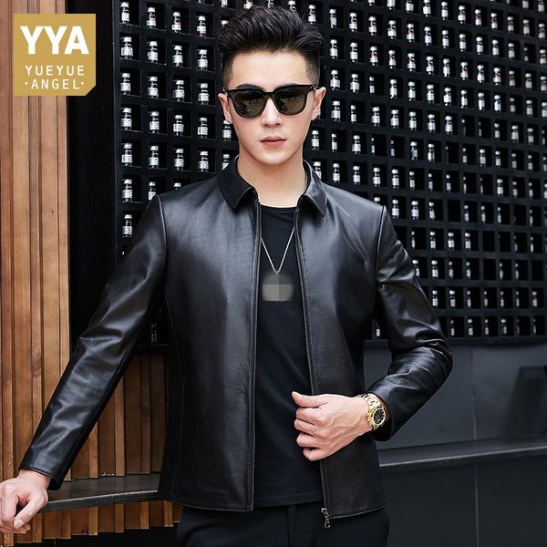 

business casual genuine leather jacket men cowhide turn-down collar short coat male luxury black motorcycle jacket plus size 4xl
