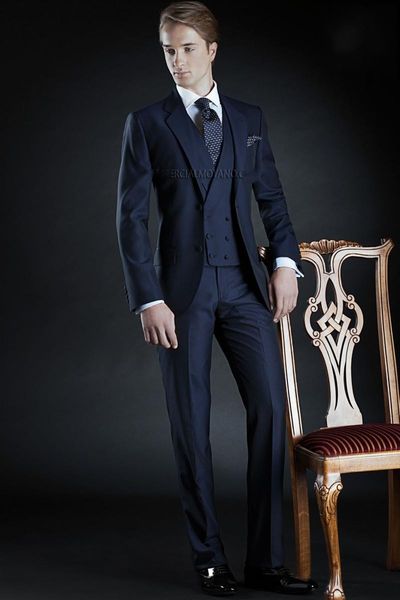 Marka Yeni Donanma Mavi Damat Smokin Çentik Yaka Groomsmen Erkek Gelinlik Tarzı Adam Ceket Blazer 3 Parça Takım Elbise (Ceket + Pantolon + Yelek + Kravat) 865