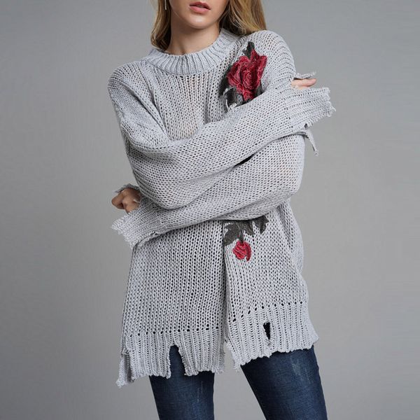 NUOVO Donna Donna Nero d/'Inverno Ricamo Floreale Lavorato A Maglia Maglieria Maglione Top