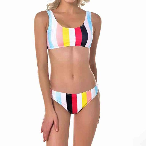 

women's striped halter racerback bandeau bikini set padded wireless bathing suit swimwear, White;black