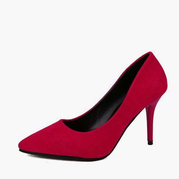 

women classics high heel flock thin heel pumps shallow office female slip-on shoes fashion pointed toe career shoes ladies, Black