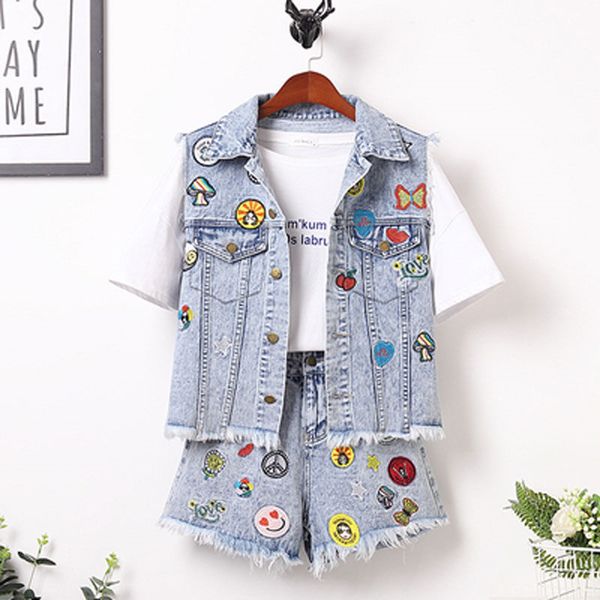 

abstract pattern streetwear large size women's clothing 2020 spring new style denim skirt jacket trendy two-piece suit 5xl k346, White