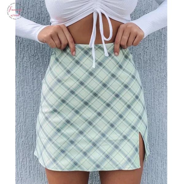 

women skirts women side split check mini skirt in light summer green drop shipping high quality, Black