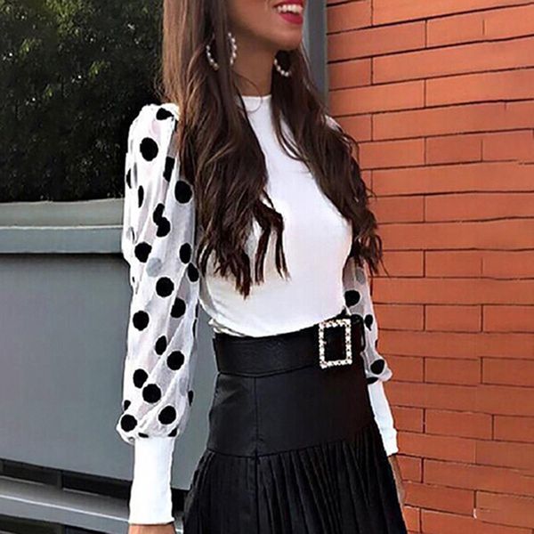 

ladies o-neck t-shirt new ladies print polka dot fashion patchwork t shirt cute puff sleeve t-shirt for women, White