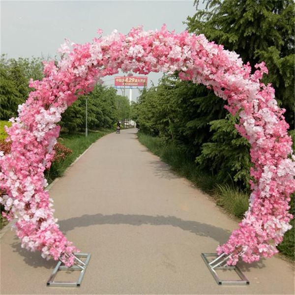 White Cherry Blossom Silk Flower Wedding Arch Iron Round Stand