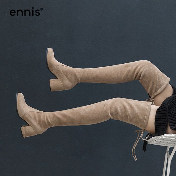 

ennis 2019 flock stretch over the knee boots high heels autumn winter lace up shoes women knee high boots black fashion new l817