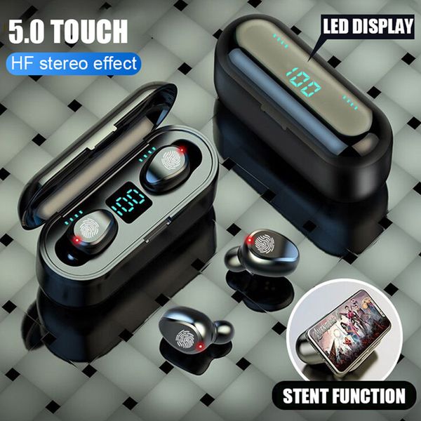 

wireless earphone bluetooth v5.0 f9 tws headphone hf stereo earbuds led display touch control 2000mah power bank headset with microphone dhl