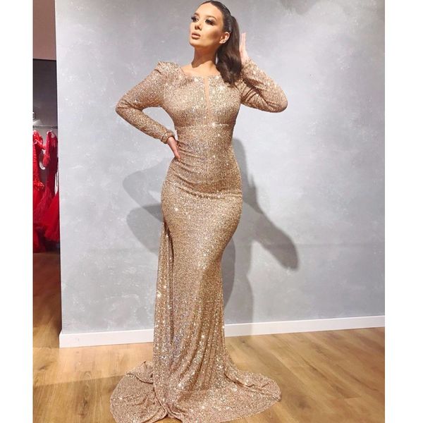 

gold sequined mermaid prom dresses with long sleeves mermaid evening gowns sweep train back zipper party gowns vestidos de fiesta, Black