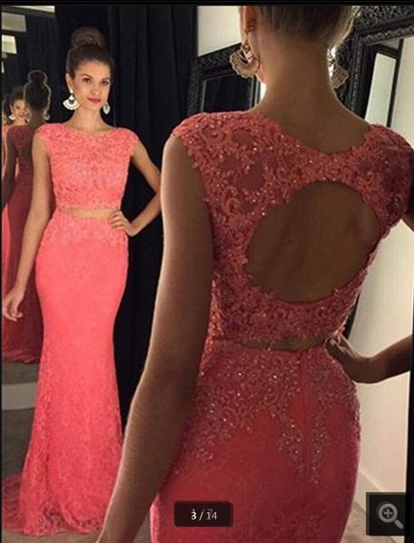 

new arrival 2019 mermaid pink lace prom dress two piece appliques beading prom gowns cap sleeve hollow back evening party prom dresses, Black