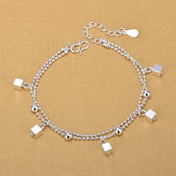 

silver plated anklets 925 fashion silver jewelry double chain square anklet for women girls friend foot barefoot leg jewelry, Red;blue