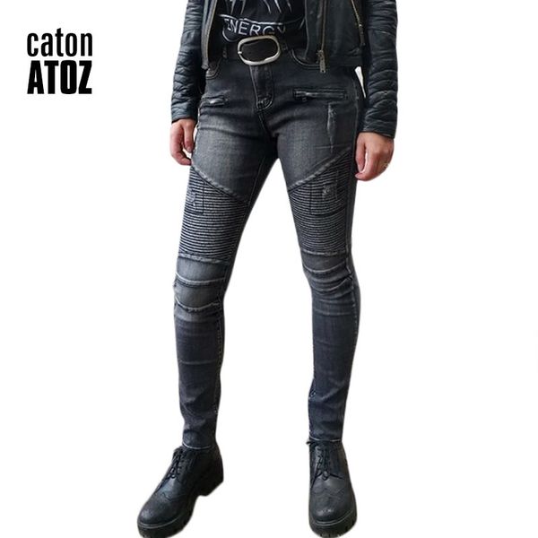 CatonATOZ 2168 Kadın Moda Siyah Punk Motor Biker Jeans Kadin Streç Slim Fit Yırtık Kot Pantolon Yırtık Kot Kadın Y19042901