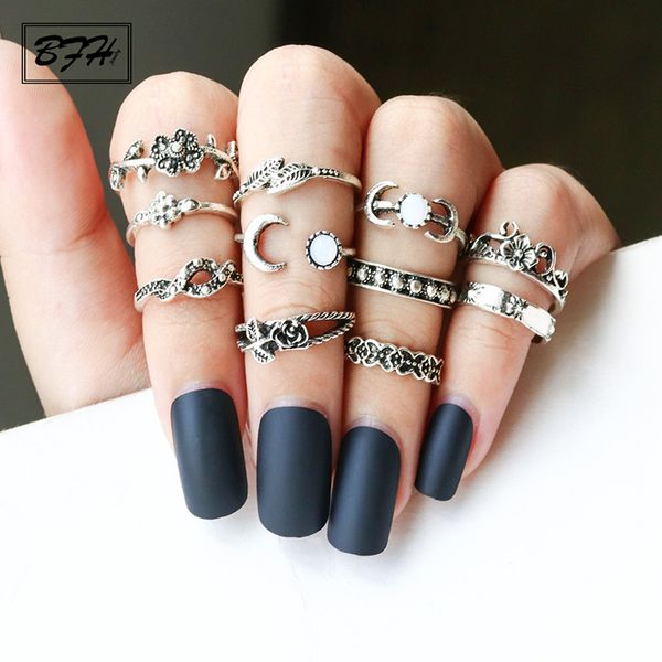 

bfh bohemia ethnic gold silver rings set for women vintage heart bow twist finger ring 2019 knuckle fashion jewelry, Golden;silver