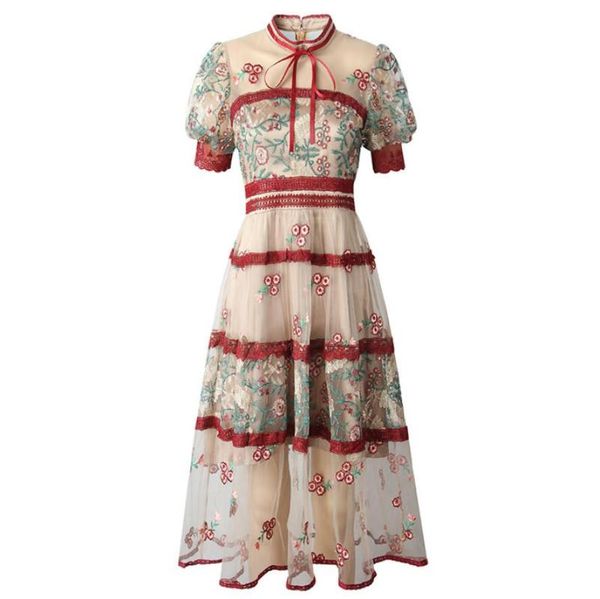

casual dresses women summer luxury mesh embroidery lace stitching dress bow stand collar puff sleeve fashion floral elegant party r1268, Black;gray