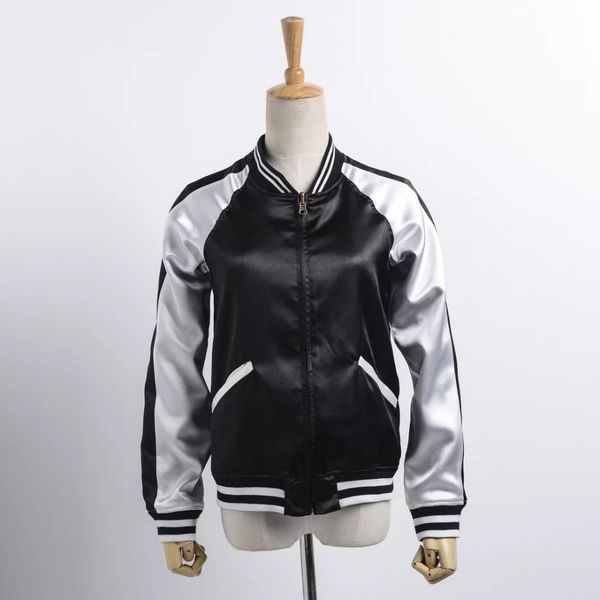 

satin bomber jacket women two sides wear reversible contrasted color jacket coat casual wear coat fs0340, Black;brown