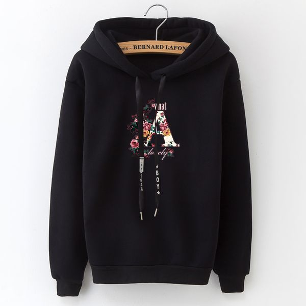 

a word printing casual ladies loose pockets plus velvet warm sweatshirt winter new pullover jacket thickening, Black
