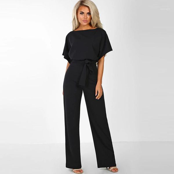 

women's elegant summer short sleeve jumpsuits rompers plus size 2xl loose bowknot lace up button long trousers party playsuits1, Black;white