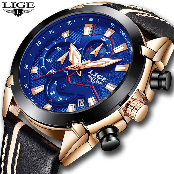 

relogio masculino 2018 new lige sport chronograph mens watches leather waterproof date quartz watch man clock, Slivery;brown