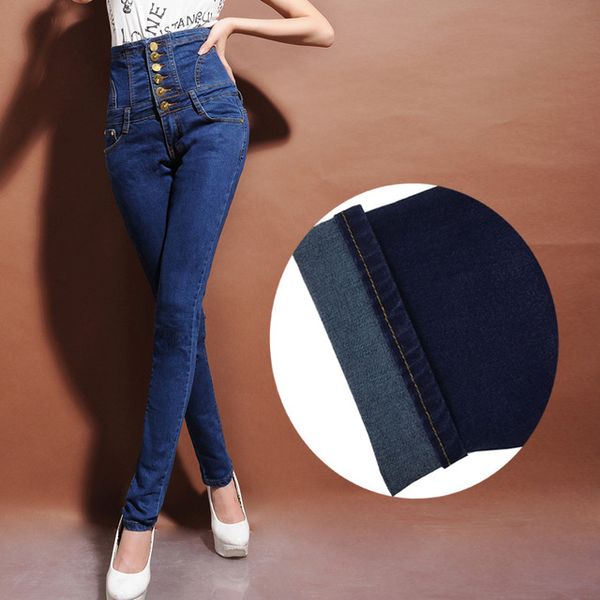 

women 's winter warm fleece or unlined high waist jeans plus large size lace -up buttons skinny elastic denim pencil pants, Blue