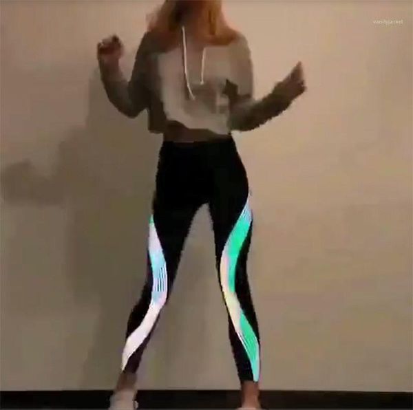 

designer striped panelled yoga pants high waist casual ankle length leggings new laser reflective womens leggings, Black