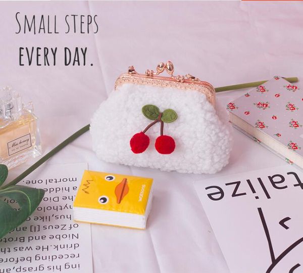 

angelatracy lambs wool 3d cherry japan girl woman small shoulder bag white coin purse bag clasp lady hand bags bolsa feminina, Red;black