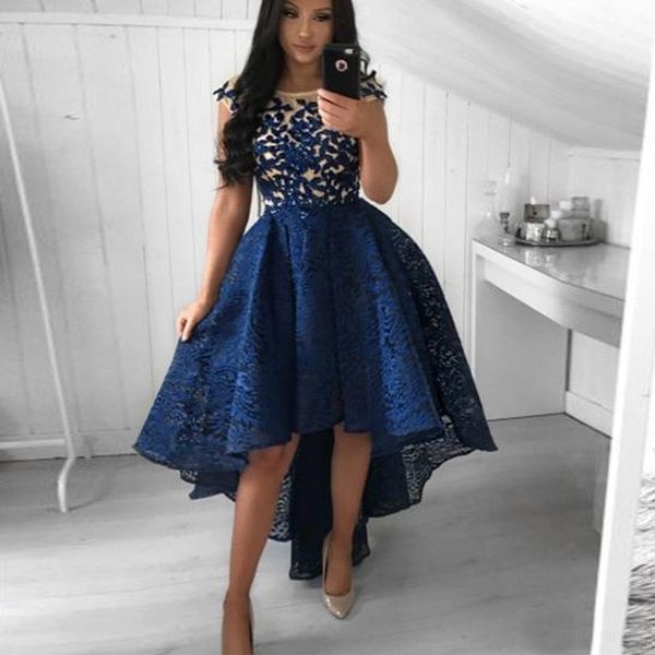 

high low lace prom dresses a line new 2019 applique sheer party wear girls cocktail dress short prom dress, Black