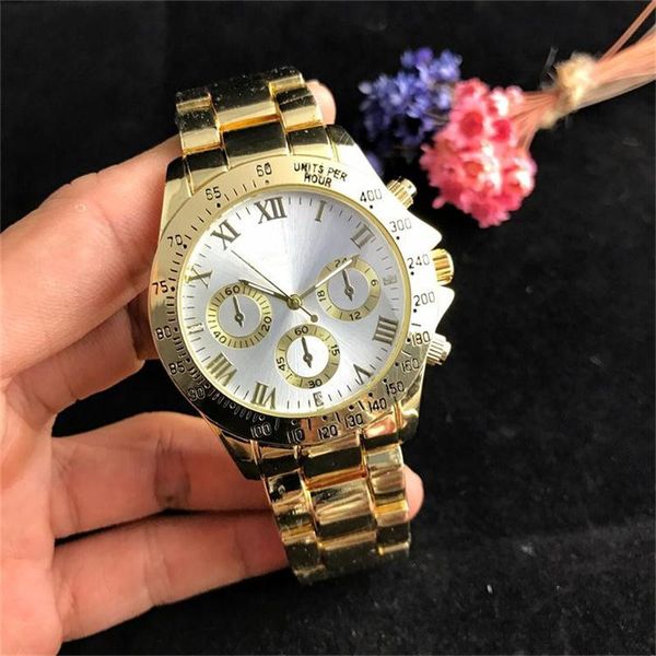

Luxury 40mm Large dial Men's Quartz Watches Fashion Fake 3-eye Roman alphabet dial style Metal steel band Men's Quartz Watches