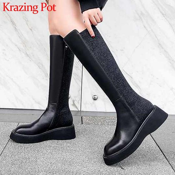 

krazing pot cow leather patchwork flock boots simple round toe high heels thick bottom women keep warm thigh high boots l17, Black