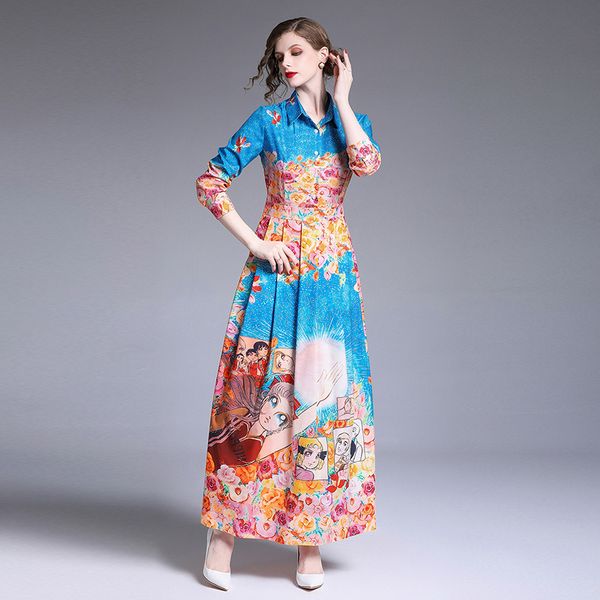 

luxury fashion button front shirt dress long sleeve women spring autumn floral print party ladies pleated elegant long dresses, Black;gray