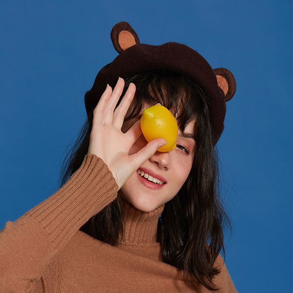 

fashion-custom bear ear berets girl halloween hat cute ladies autumn winter beret wool felt ladies beret handmade painter caps, Blue;gray