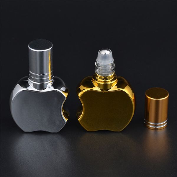 100 X 10 ml da Apple Forma vazios de frascos de vidro roll on com Golden / Silver recarregáveis ​​Essential Oil roll-on garrafas de perfume por atacado