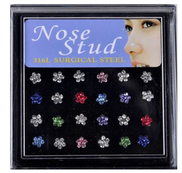 24pcs cristallo anello al naso borchie moda corpo donna ragazza gioielli in acciaio chirurgico fiore naso piercing strass colorati