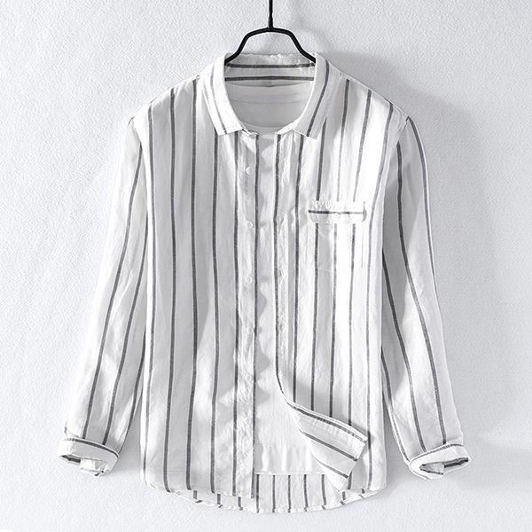 

2020 long-sleeved linen shirt men autumn and spring striped shirt for men casual white shirts male fashion comfortable shirts, White;black