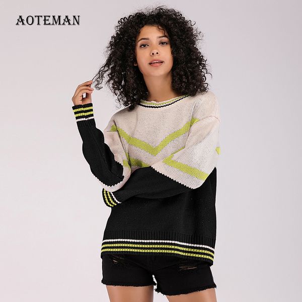 

autumn winter sweater women 2019 casual warm oversized o neck sweater long sleeve pullover geometric striped knitted sweaters, White;black