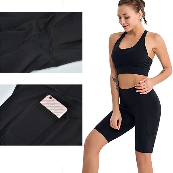 

yoga clothes ladies yoga five-point pants sports fitness side mobile phone pocket fitness running dance shorts, White;red