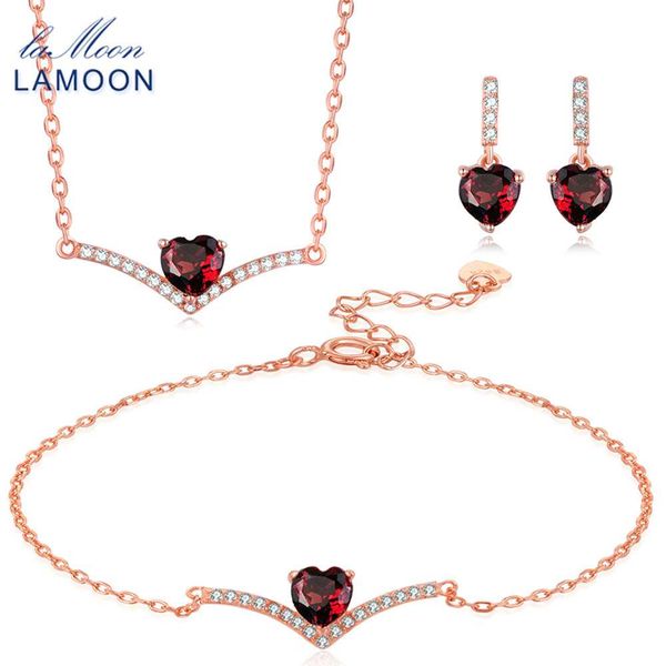 

lamoon 100% natural gemstone heart cut red garnet s925 sterling silver jewelry set for women wedding party accessories v004-3, Black