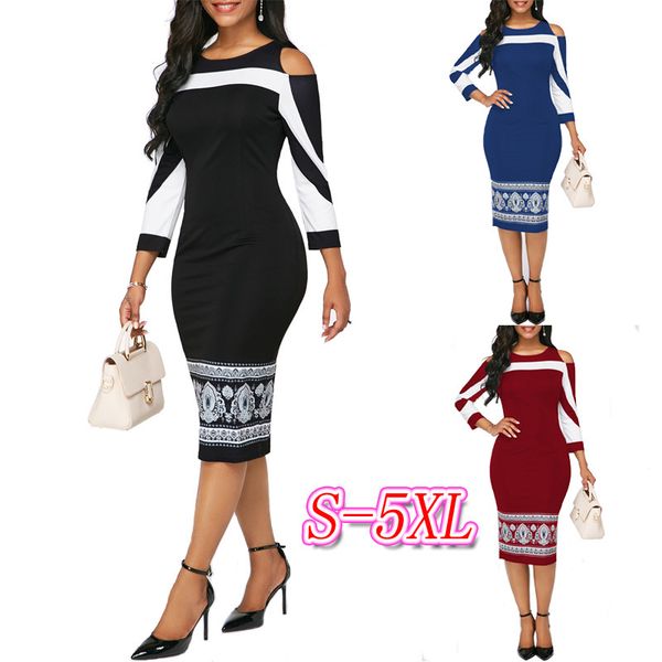 

женское дизайнерское платье с плеча контрастная печать ягодицы юбка карандаш средней длины профессиональное платье для женщин, Black;gray