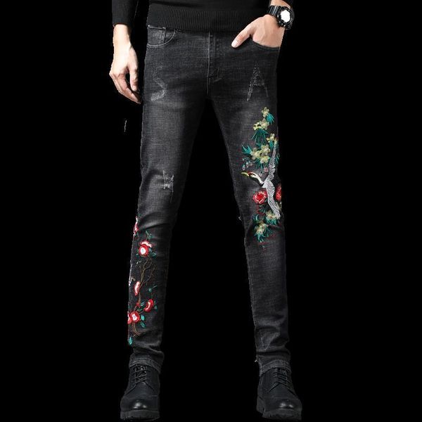 

2019 зимние мужские джинсы вышитые прямые брюки брюки городская талия повседневные мужские брюки, Blue