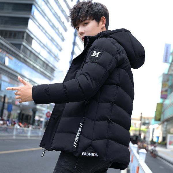 

men's cotton jacket winter winter youth slim quilted jacket plus velvet thick cotton, Black