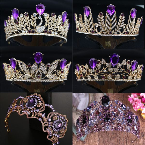 

huge purple flower crystal wedding tiara bridal crown for wedding bride gold color rhinestone crown headband jewelry accessories, Golden;white
